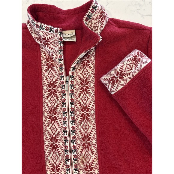 LL BEAN JACKET‎ Nordic Snowflake Knit Trim Fair Isle Poinsettia Ribbon Womens XL - Picture 2 of 9